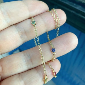 Gemstone Station Necklace/ Custom Bezel Set 3mm Birthstone Chain/ 14K Yellow Gold Dainty Layering Birthstone Necklace/ Diamond by Yard Chain