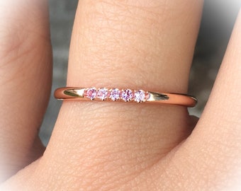 5 Stone Ring 1.5mm Pink Sapphire Pave Band 5 Stones Pink Sapphire Thin Wedding Gaurd Ring Anniversary Delicate Stack Sapphire Band September