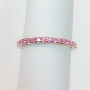 Rose Gold Pink Sapphire Half Eternity Band Pave Infinity Ring 1.5mm Pink Sapphire Gaurd Band October Birthstone Blushing Bride Wedding Ring