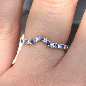 Diamond Blue Sapphire Shadow 2 MM Ring/ Blue Sapphire Diamond Contour Pave Band/ Half Eternity Curved Band/ Tracer Wrap Guard/ Ring Enhancer image 7