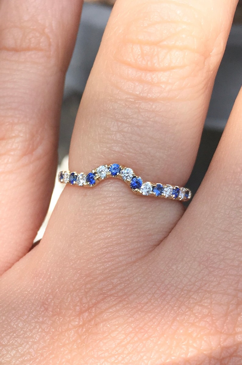 Diamond Blue Sapphire Shadow 2 MM Ring/ Blue Sapphire Diamond Contour Pave Band/ Half Eternity Curved Band/ Tracer Wrap Guard/ Ring Enhancer image 7