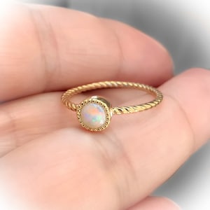 Opal Promise Ring/ 5mm Natural Opal in Milgrain Bezel with 4 Diamonds on Twisted Gold or Platinum Wire Band/ Opal Engagement Solitaire Ring
