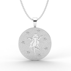 Virgo Zodiac Coin Necklace/ 18mm Virgo Horoscope Sign Round Disk Medallion/ Virgo Astrological Constellation Amulet/ 2 sides, 7 Diamonds