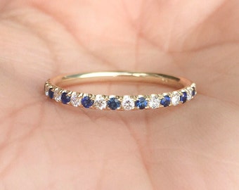 Diamond Blue Sapphire Half Eternity Band Pave Alternating Sapphire Diamond Infinity 2mm Wedding Band Anniversary September April Stack Ring