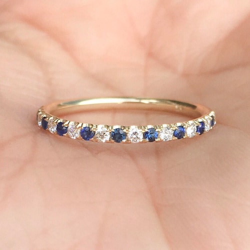 1Ct Round Cut Blue Sapphire Half Eternity Wedding Band Ring 14k Yellow Gold Over