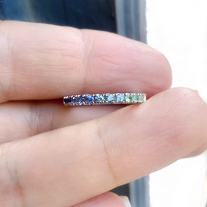 Gradient Blue Green Pave Ring/ Coastal Ombre Beach Wedding Band/ 2.3mm Half Eternity/ Mermaid Colors Diamond Alexandrit Aquamarine Sapphire image 2