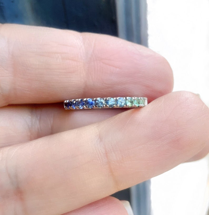 Gradient Blue Green Pave Ring/ Coastal Ombre Beach Wedding Band/ 2.3mm Half Eternity/ Mermaid Colors Diamond Alexandrit Aquamarine Sapphire image 2