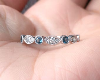 Marquise Dot Diamond London Blue Topaz 3 MM Ring/ Blue Topaz Diamond Alternating Milgrain Band/ Unique Vintage Wedding Guard Stack 3 MM Ring