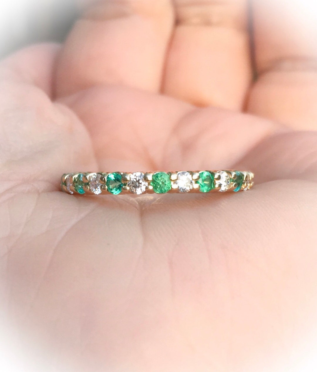 Diamond and Emerald Full Eternity 2mm Ring/ Emerald Diamond Wedding Band/ Shared Prong
