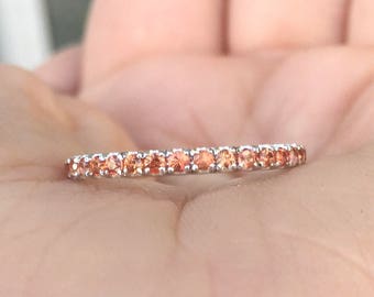 Orange Sapphire Pave Ring/ Eternity Stack Band/ Orange Sapphire/ Full Eternity Gaurd Ring/ 2mm Sapphire Wedding/ September Band