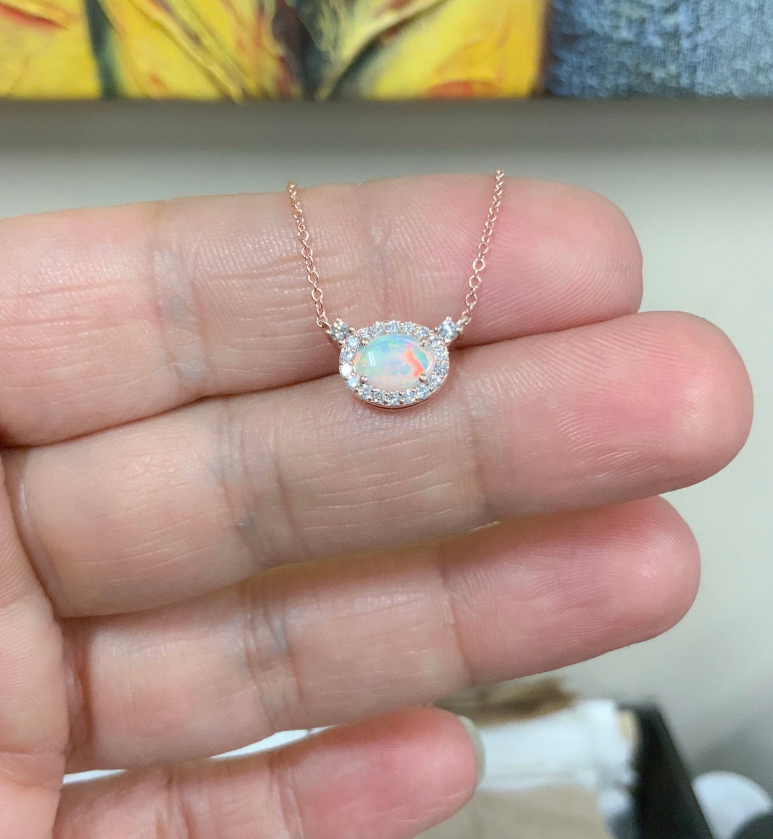 Sterling Silver Dainty White Opal Solitaire Pendant Necklace