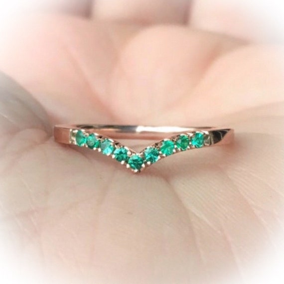 Emerald Chevron Pave Wedding Band 1.8 Mm V Shape Emerald Wishbone