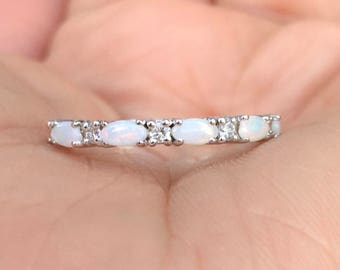 Oval Opal Round Diamond Half Eternity Prong Set Ring/ Diamond Opal Wedding Band 2.2 MM/ Vintage Look Alternate Opal Diamond Anniversary Ring