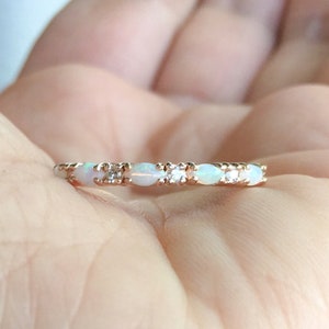 Opal Diamond Band Wedding Unique Opal Eternity Ring Prong Set Opal Diamond Alternating Band Vintage Opal Diamond Anniversary Stacking Ring