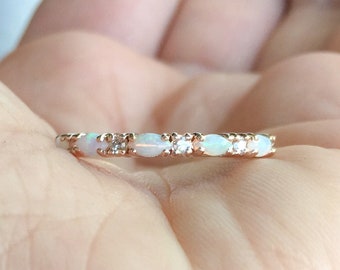 Opal Diamond Band Wedding Unique Opal Eternity Ring Prong Set Opal Diamond Alternating Band Vintage Opal Diamond Anniversary Stacking Ring
