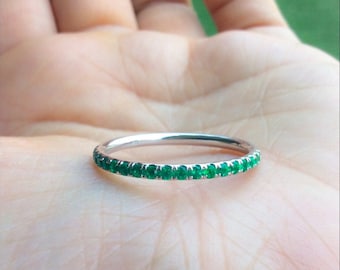 Pave Emerald Half Eternity Ring/ Natural Emerald Band 1.8mm/ Emerald Infinity 1.8 MM Ring/ Green Birthstone Stacking Ring/ Emerald Wedding