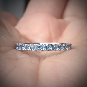 Ready to Ship Aquamarine Pave Full Eternity Ring/ 2.3mm Natural Aquamarine Wedding Band/ March Birthstone Stacking Ring/ 14K White Gold, #9