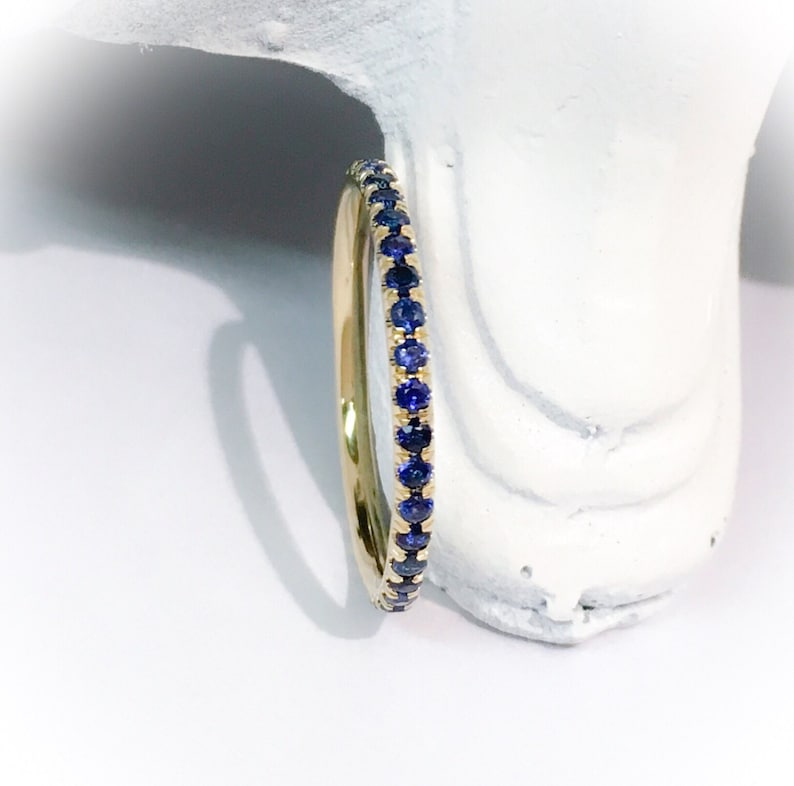 18K Blue Sapphire Full Eternity Band 1.6mm Yellow Gold Sapphire Eternity Ring Pave Blue Sapphire Wedding Band Matching Anniversary Stacking