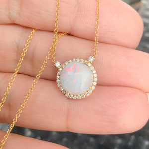 Opal Pendant in Diamond Halo Frame/ 2 Carat Opal Necklace/ 12.5mm Round Natural Fire Opal Diamond Necklace/ Opal Layering Necklace/ 14K, 18K