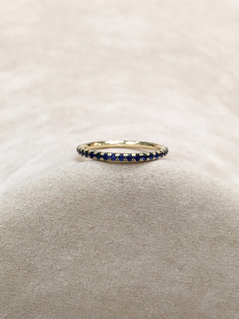 18K Blue Sapphire Full Eternity Band 1.6mm Yellow Gold Sapphire Eternity Ring Pave Blue Sapphire Wedding Band Matching Anniversary Stacking