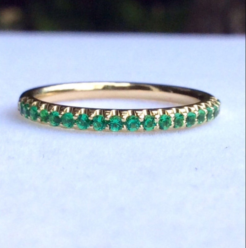 Emerald Half Eternity Band/ Emerald Wedding Anniversary Ring/ 1.8 MM Emerald Eternity Ring/ Pave Emerald Band/ Green Birthstone Stack Ring image 1