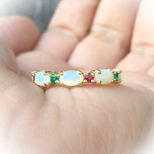 Oval Opal Ring/ Emerald Ruby Alternating Opal Birthstone Stack Ring/ Opal Wedding Anniversary Ring/ Mothers Ring/ Holiday Fine Jewelry Gift