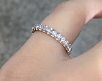 White Sapphire Eternity Band 3mm Pave Sapphire Infinity Band Full Eternity Wedding Ring Anniversary Sapphire April Birthstone Stacking Ring