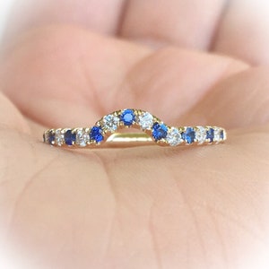 Diamond Blue Sapphire Shadow 2 MM Ring/ Blue Sapphire Diamond Contour Pave Band/ Half Eternity Curved Band/ Tracer Wrap Guard/ Ring Enhancer image 1