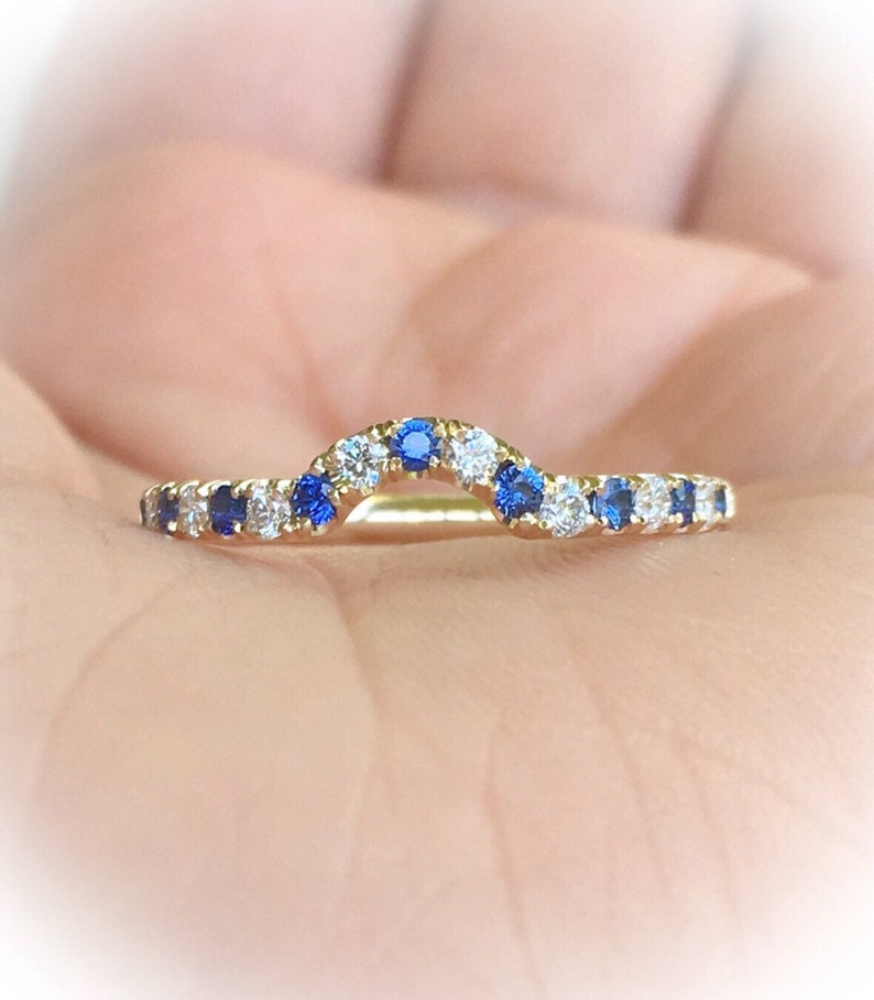 Diamond Blue Sapphire Shadow 2 MM Ring/ Blue Sapphire Diamond Contour Pave Band/ Half Eternity Curved Band/ Tracer Wrap Guard/ Ring Enhancer image 1