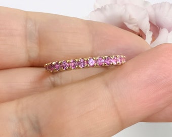 Pink Sapphire Pave Band/ 2.3mm Sapphire Full Eternity Ring/ Pink Sapphire Wedding Anniversary Band/ Infinity Sapphire Birthstone Stack Ring