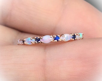 Sapphire Opal Band Wedding Blue Sapphire Opal Eternity Half Infinity Alternating Opal Blue Sapphire Vintage Anniversary Opal Sapphire Stack