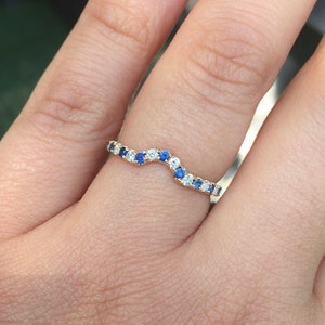 Diamond Blue Sapphire Shadow 2 MM Ring/ Blue Sapphire Diamond Contour Pave Band/ Half Eternity Curved Band/ Tracer Wrap Guard/ Ring Enhancer image 10