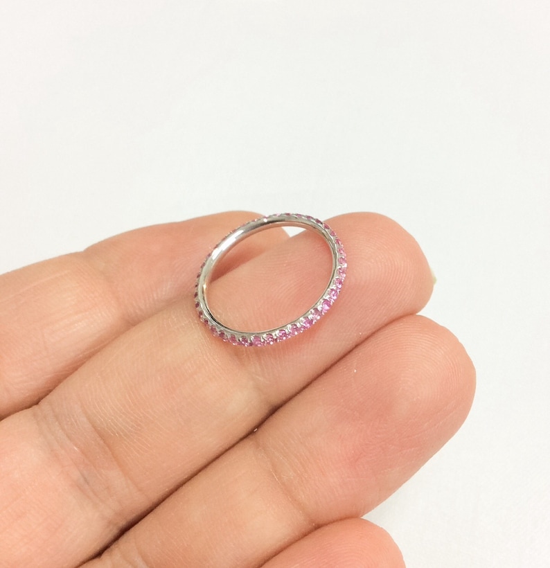 14K White Gold Pink Sapphire Full Eternity Ring 1.6mm Blushing Bride Pave Eternity Band 14K Pink Sapphire Matching Eternity Ring Birthstone