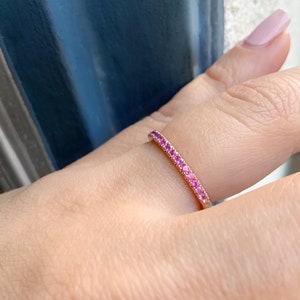 Pink Sapphire Half Eternity Ring/ 2mm Pave Pink Sapphire Wedding Band/ September Birthstone Stacking Ring/ Push Present Ring/ Gold, Platinum