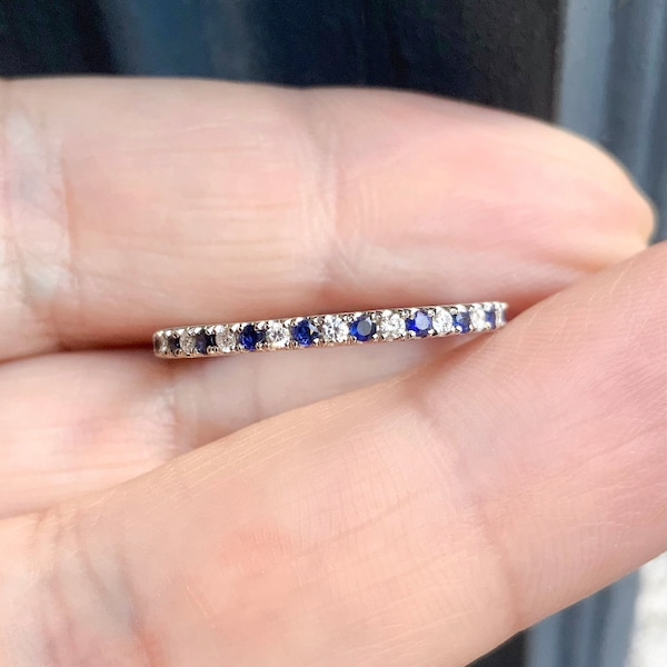Diamond Blue Sapphire Pave Band/ 1.5mm Half Eternity Alternating Sapphire Diamond Stack Ring/ 2 Birthstone Anniversary Ring/ Mother Day Gift