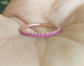 Pink Sapphire Full Eternity Ring 1.5mm Blushing Bride Pave Infinity Band Wedding Anniversary Sweet 16 Unique Gift October Birthday Stacking