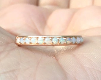 Opal Ring/ Natural Opal Half Eternity Ring/ 3mm Prong Set Opal Band/ Opal Wedding, Anniversary Band/ Opal Stacking Ring/ October Birthstone