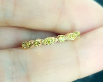 Marquise Dot Yellow Sapphire Band/ Art Deco Milgrain Bezel Yellow Sapphire Unique Stack Ring/ Sapphire Wedding, Birthstone, Anniversary Band