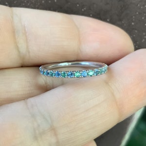 Alexandrite Aquamarine Pave Ring/ 2mm Full Eternity Alternating Alexandrite Aquamarine Wedding Band/Two Birthstone Anniversary Stacking Ring
