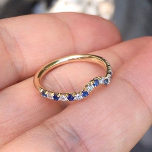 Diamond Blue Sapphire Shadow 2 MM Ring/ Blue Sapphire Diamond Contour Pave Band/ Half Eternity Curved Band/ Tracer Wrap Guard/ Ring Enhancer image 3