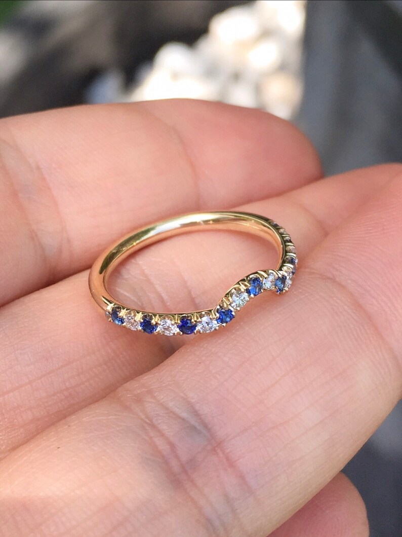 Diamond Blue Sapphire Shadow 2 MM Ring/ Blue Sapphire Diamond Contour Pave Band/ Half Eternity Curved Band/ Tracer Wrap Guard/ Ring Enhancer image 3