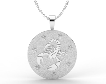 Collana con moneta dello zodiaco Scorpione - Medaglione in oro massiccio con stelle di diamanti