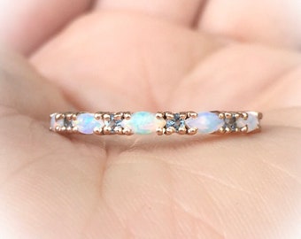 Aquamarine Opal Band Unique Ring Opal Aquamarine Ring Wedding Anniversary Opal Aquamarine October March Birthstone Vintage Look Stack Ring