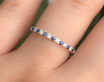 Diamond Blue Sapphire Eternity Ring/ 2mm Pave Alternating Infinity Ring/ Wedding Anniversary Band/ September April Birthstone Stacking Ring