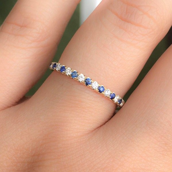 Diamond Blue Sapphire Eternity Ring/ 2mm Pave Alternating Infinity Ring/ Wedding Anniversary Band/ September April Birthstone Stacking Ring