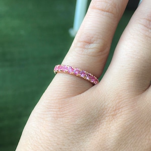 Pink Sapphire Half Eternity Band Pave Sapphire Band Ring 3mm Wedding Anniversary Pave Pink Sapphire Gaurd Band September Birthday Stack Ring image 2