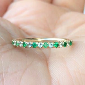 Alternating Half Eternity Ring 2mm/ Emerald Aquamarine Pave 2 MM Band/ Aquamarine Emerald Wedding Ring/ 2 MM Anniversary Unique Stack Ring