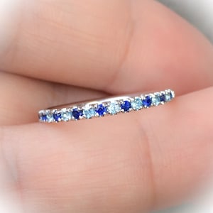Blue Sapphire Blue Topaz Ring/ 2mm Alternating Sapphire Topaz Pave Half Eternity Wedding Band/ September December Stack/ Push Present Ring