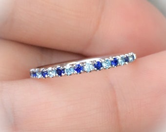 Blue Sapphire Blue Topaz Ring/ 2mm Alternating Sapphire Topaz Pave Half Eternity Wedding Band/ September December Stack/ Push Present Ring