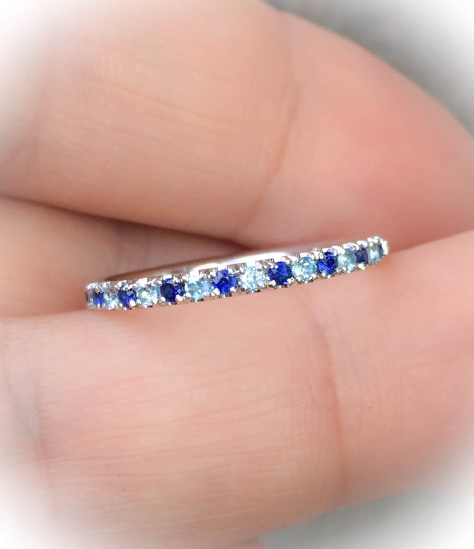 Blue Sapphire Blue Topaz Ring 2mm Alternating Sapphire Topaz Pave